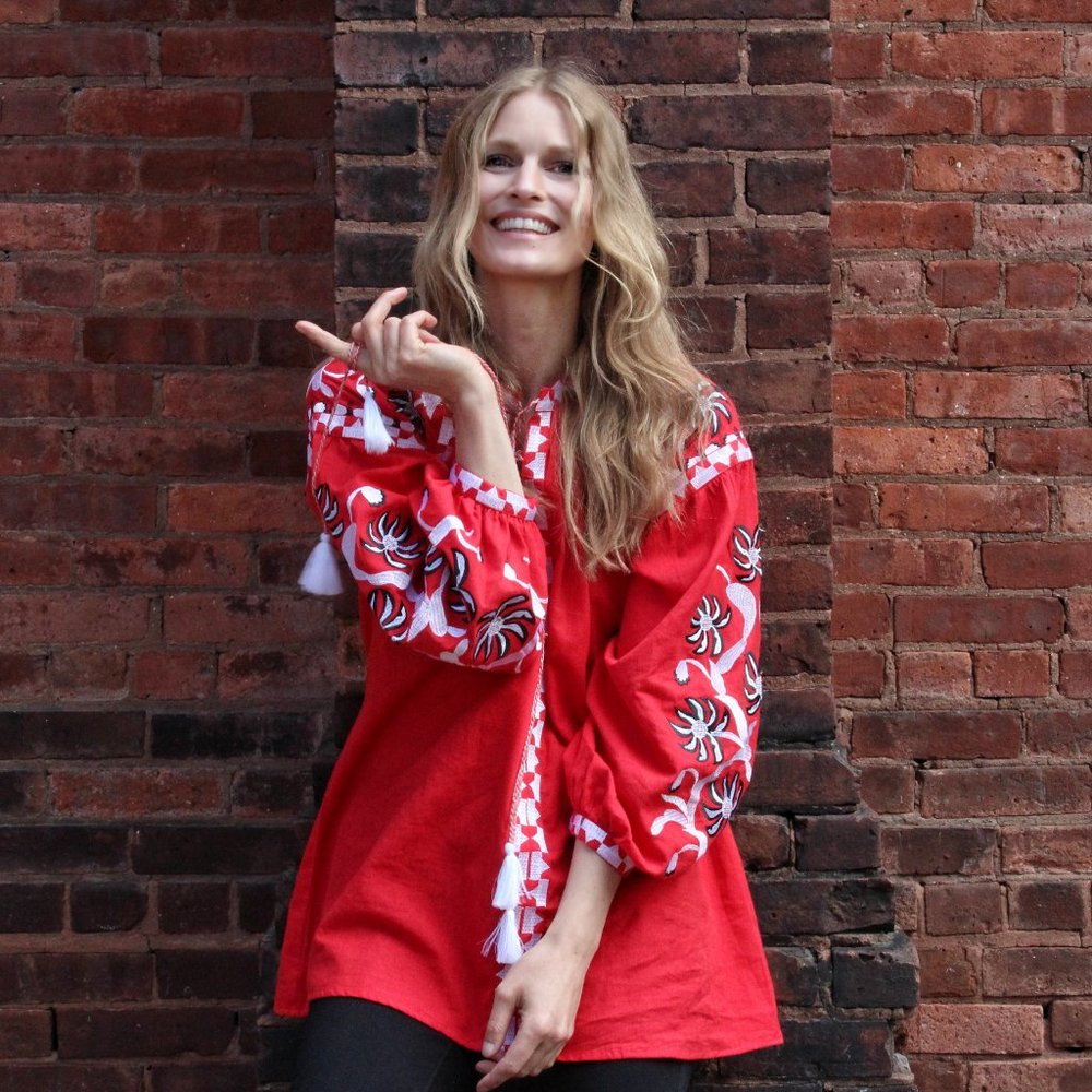 Embroidered Linen Top Ukrainian Red M/L/XL